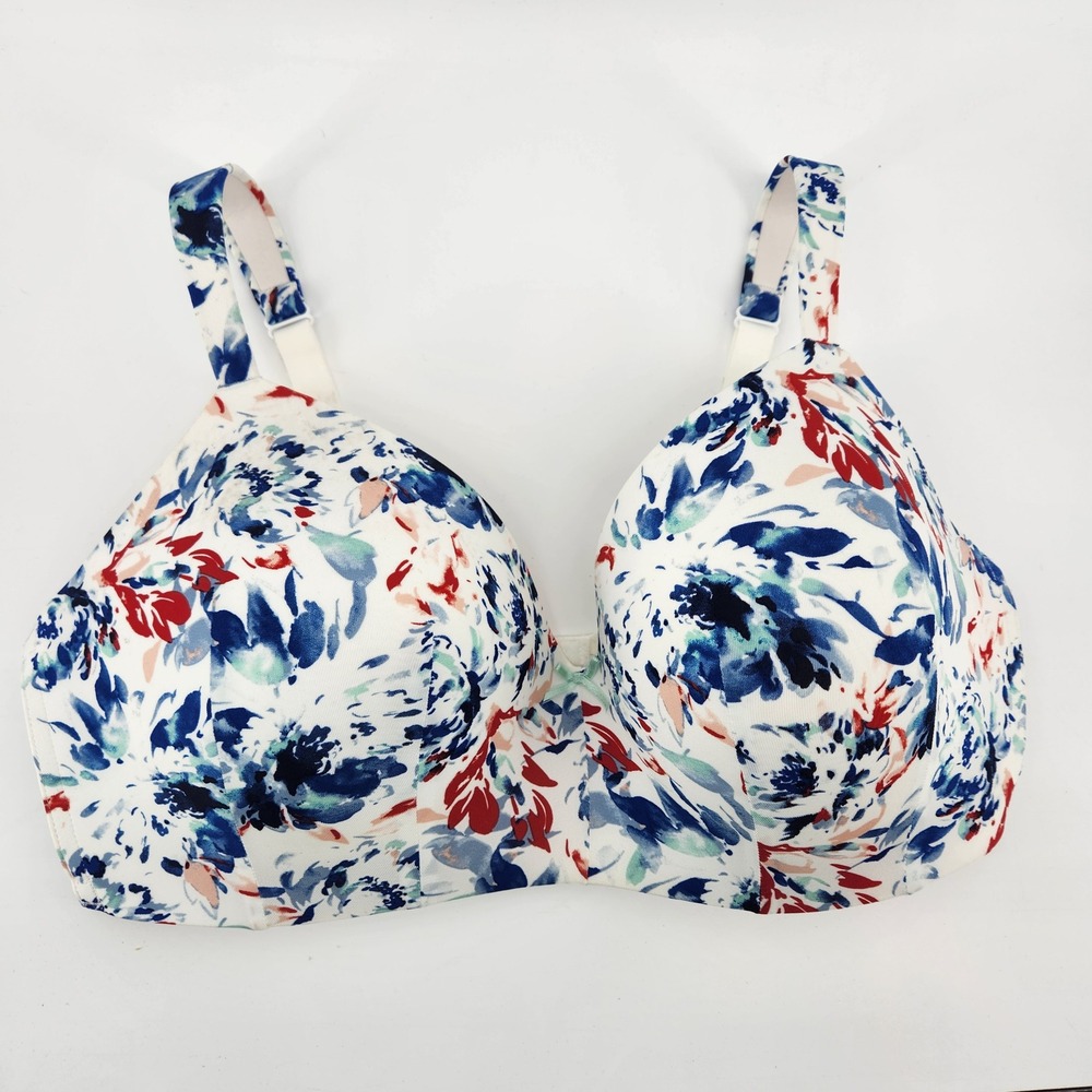 Cacique Lightly Lined T-Shirt No-Wire Bra 40DDD Blue Red Floral Print Wireless